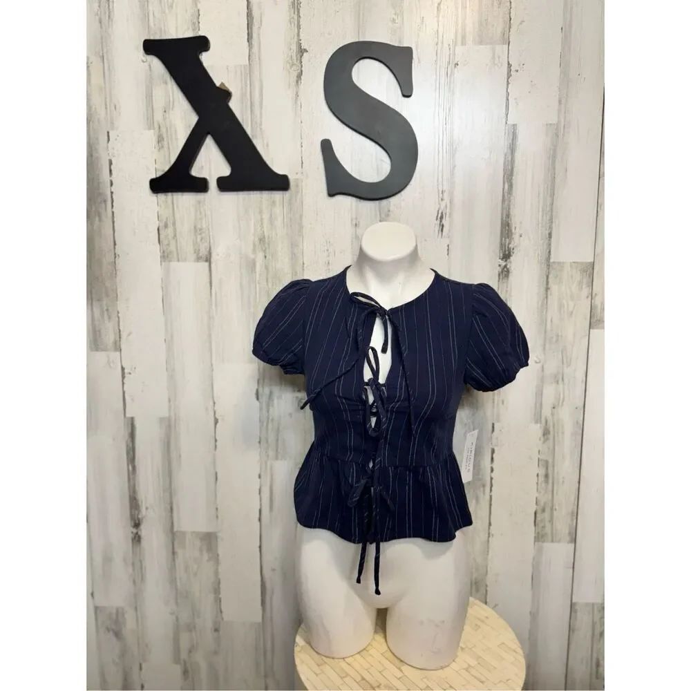 Kirious Los Angeles XS Navy Blue Pinstripe Tie-Front Peplum Top Puff Sleeve